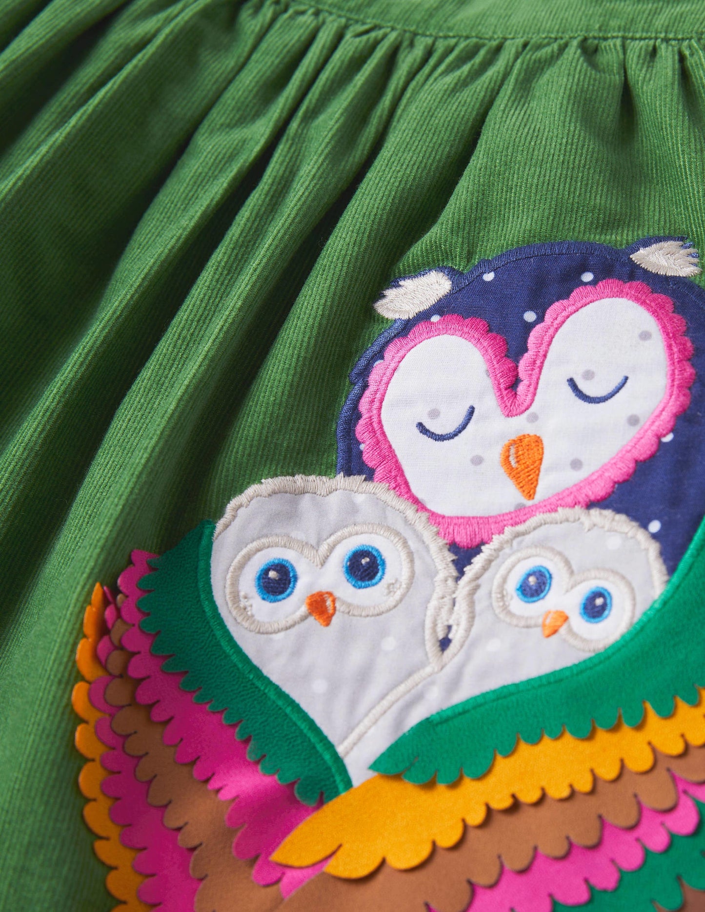 Appliqué Pinafore Dress-Olive Green Owls