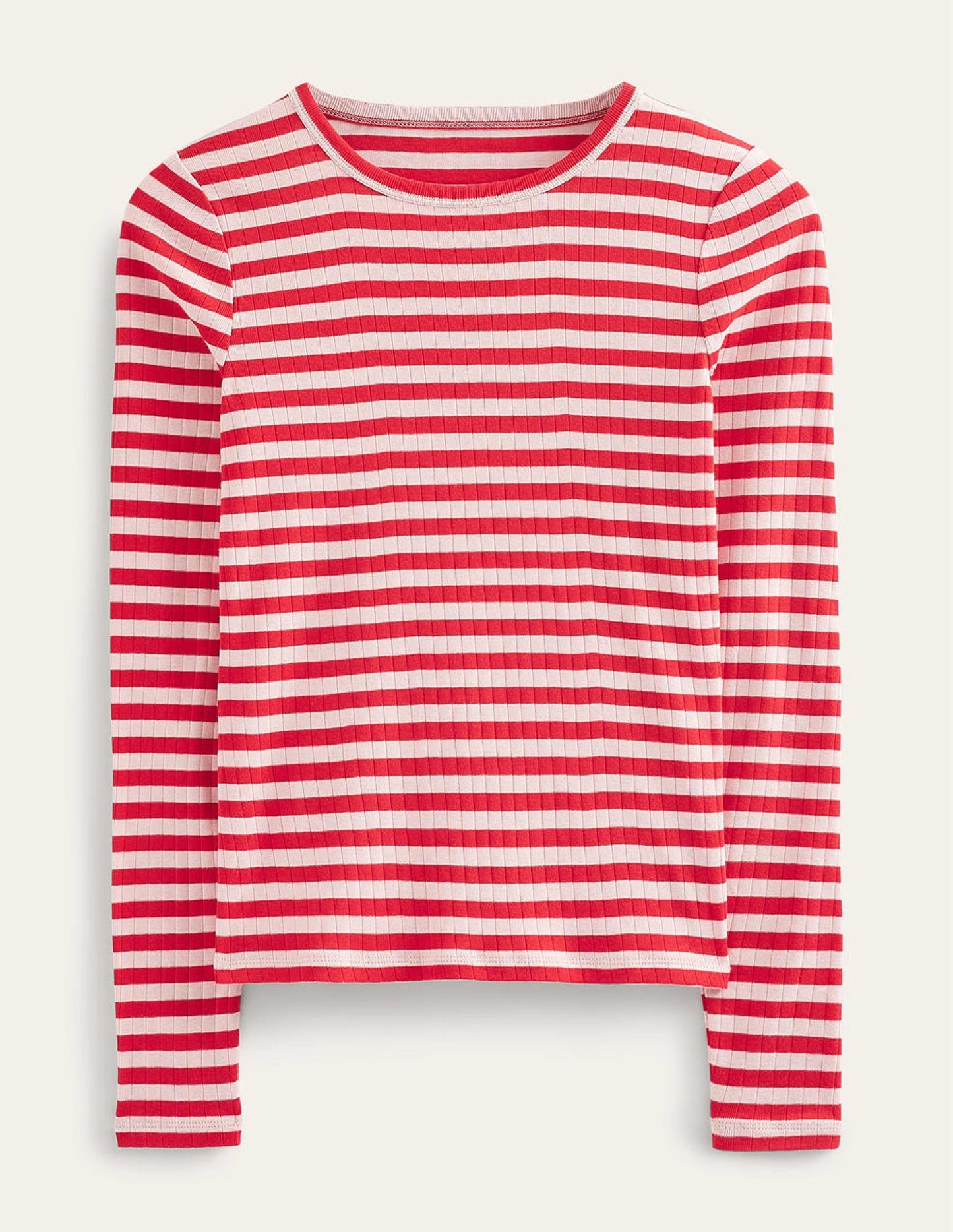 Anna Rib Crew T-Shirt-Peach Skin, Hot Pepper Stripe
