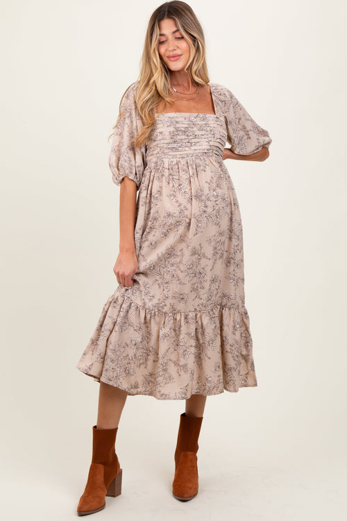 Beige Floral Pleated Bodice Maternity Midi Dress