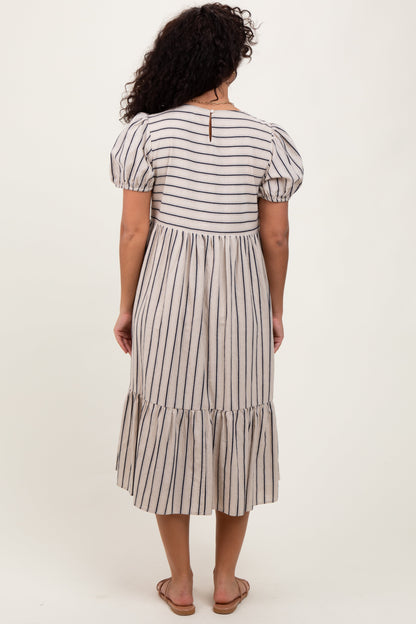 Beige Striped Short Sleeve Midi Dress