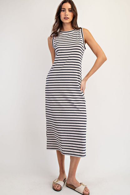 Beige Striped Sleeveless Side Slit Midi Dress