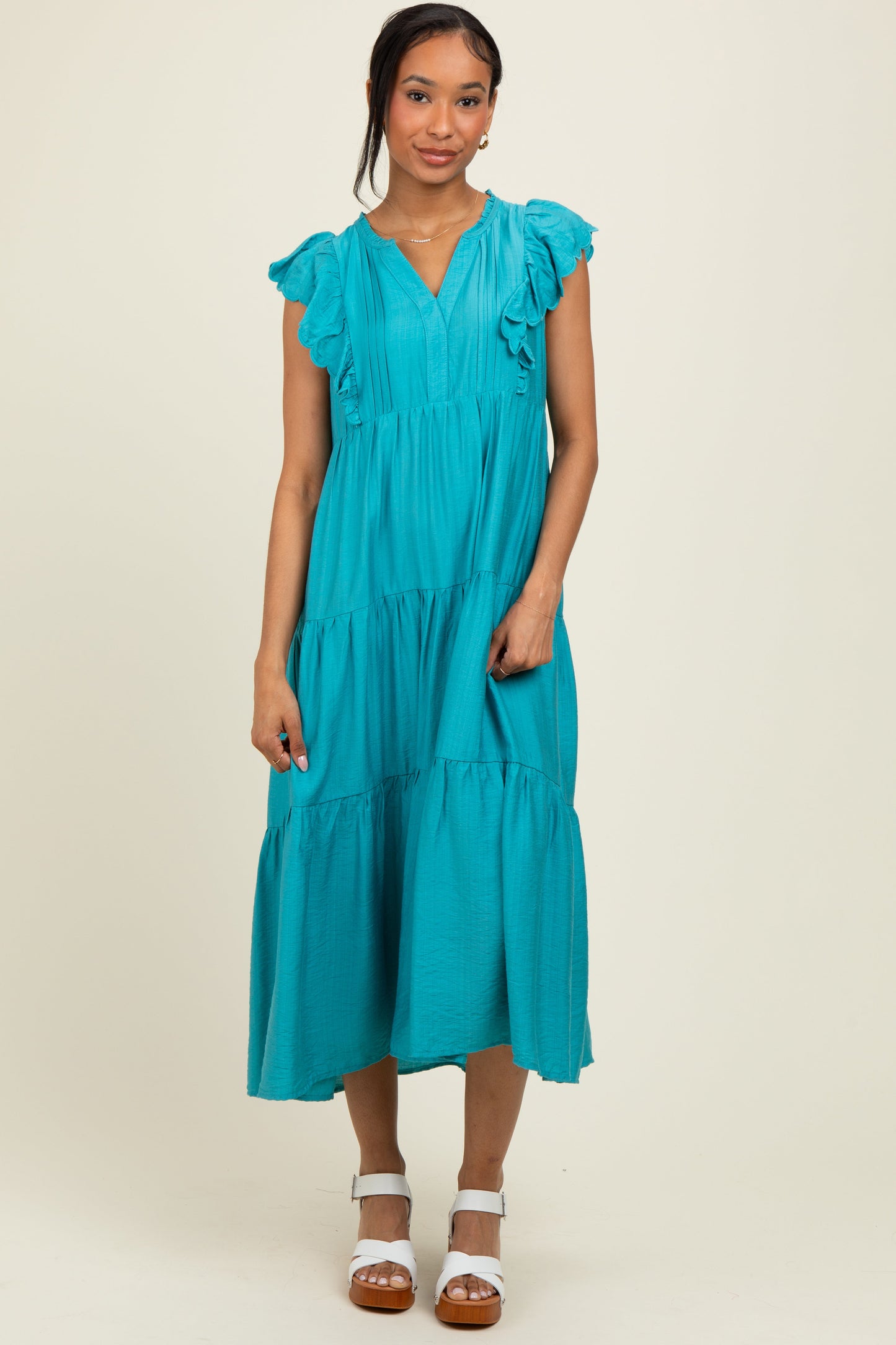 Aqua Ruffle Sleeve Tiered Maternity Midi Dress