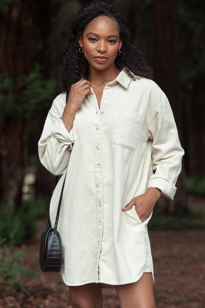 Beige Corduroy Shirt Mini Dress
