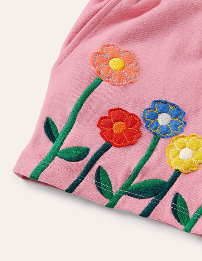Appliqué Jersey Shorts-Formica Pink Flowers