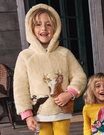 Appliqué Borg Hoodie-Natural Deer