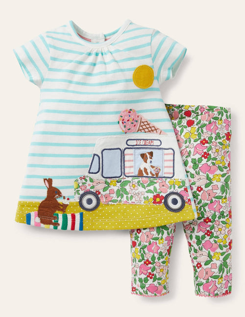 Appliqué Dress & Leggings Set-Ivory/Aqua Blue Truck