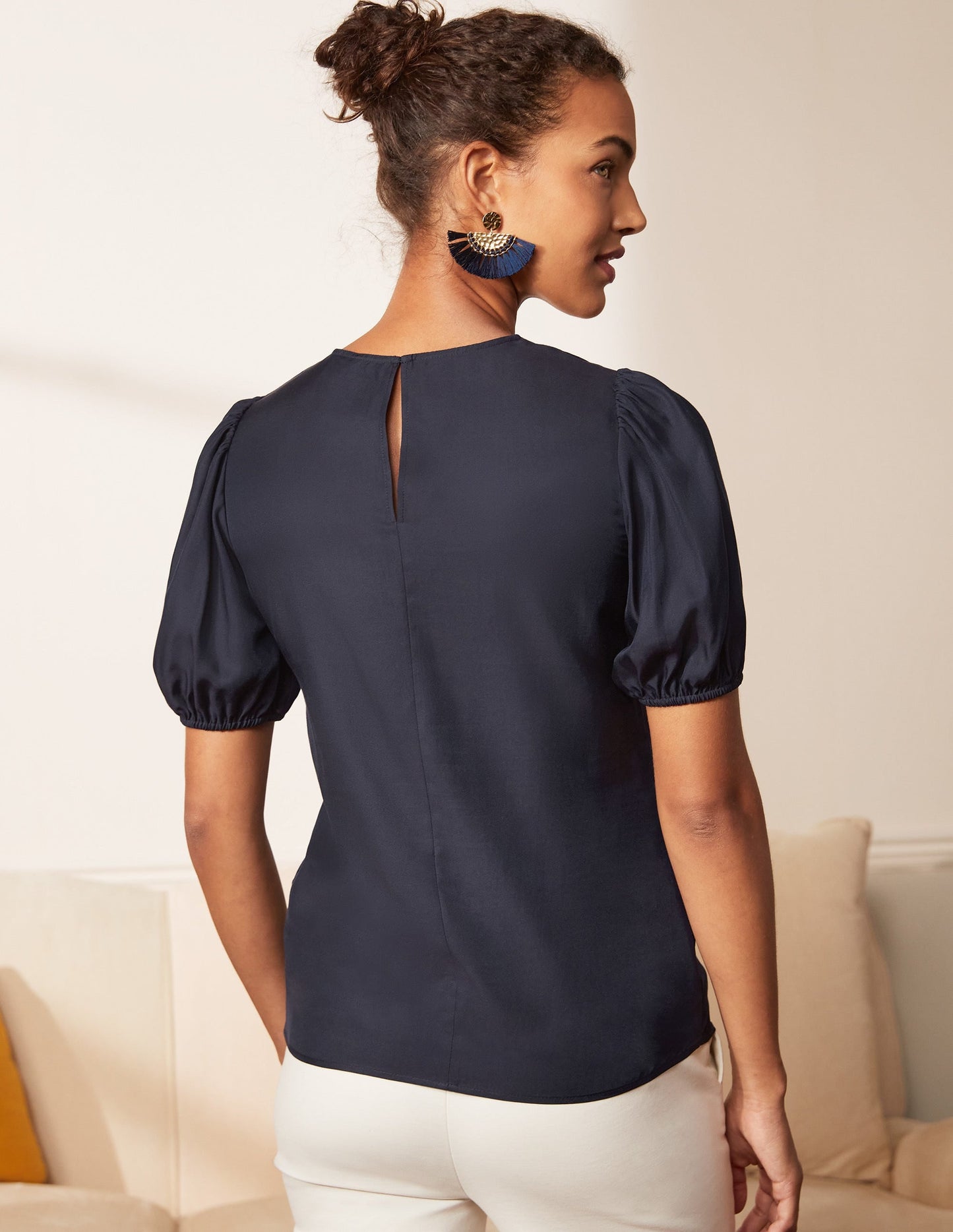 Adriana Puff Sleeve Top-Navy