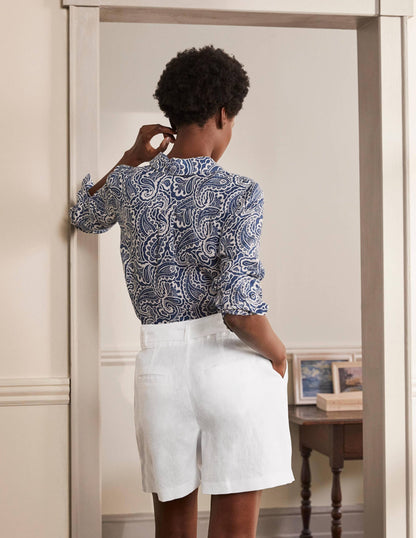 Alma Tie Waist Linen Shorts-White
