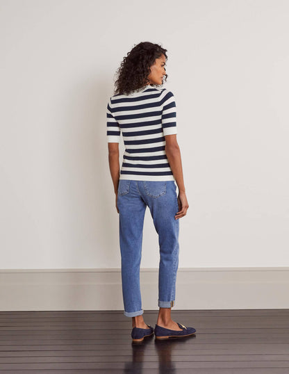 Abingdon Knitted Tee-Navy/Ivory Stripe