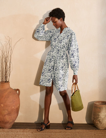 Antonia Cotton Shirt Dress-Ivory, Tropical Palm