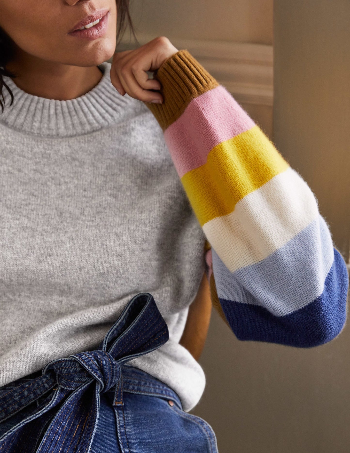 Bell Sleeve Cashmere Sweater-Grey Melange, Multi Stripe