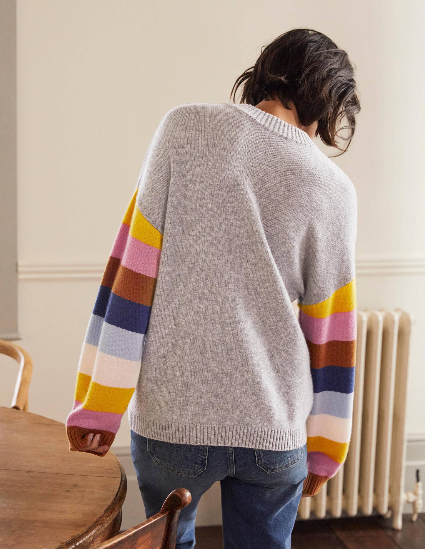 Bell Sleeve Cashmere Sweater-Grey Melange, Multi Stripe