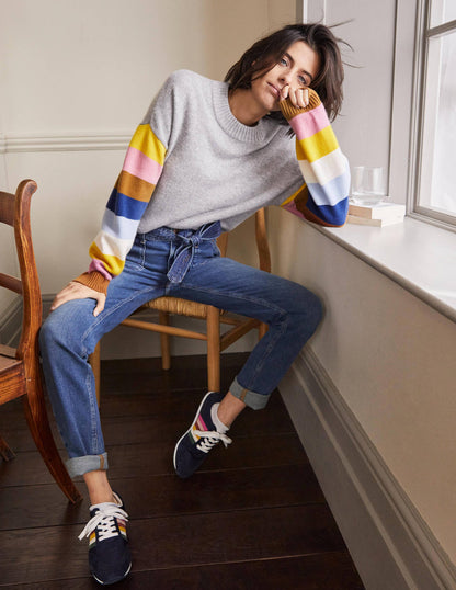 Bell Sleeve Cashmere Sweater-Grey Melange, Multi Stripe