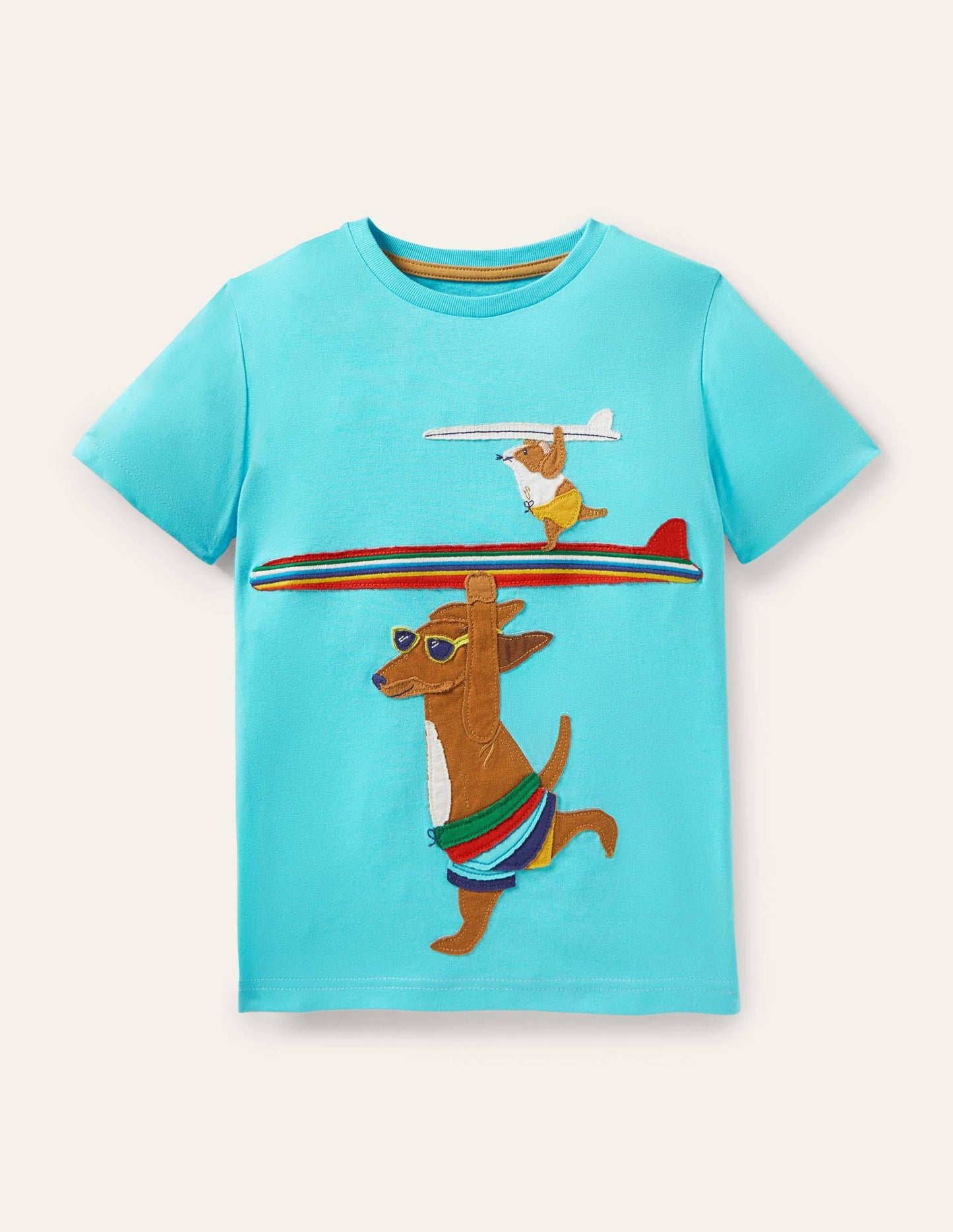 Beach Appliqué T-shirt-Turquoise Blue Surfing Dog