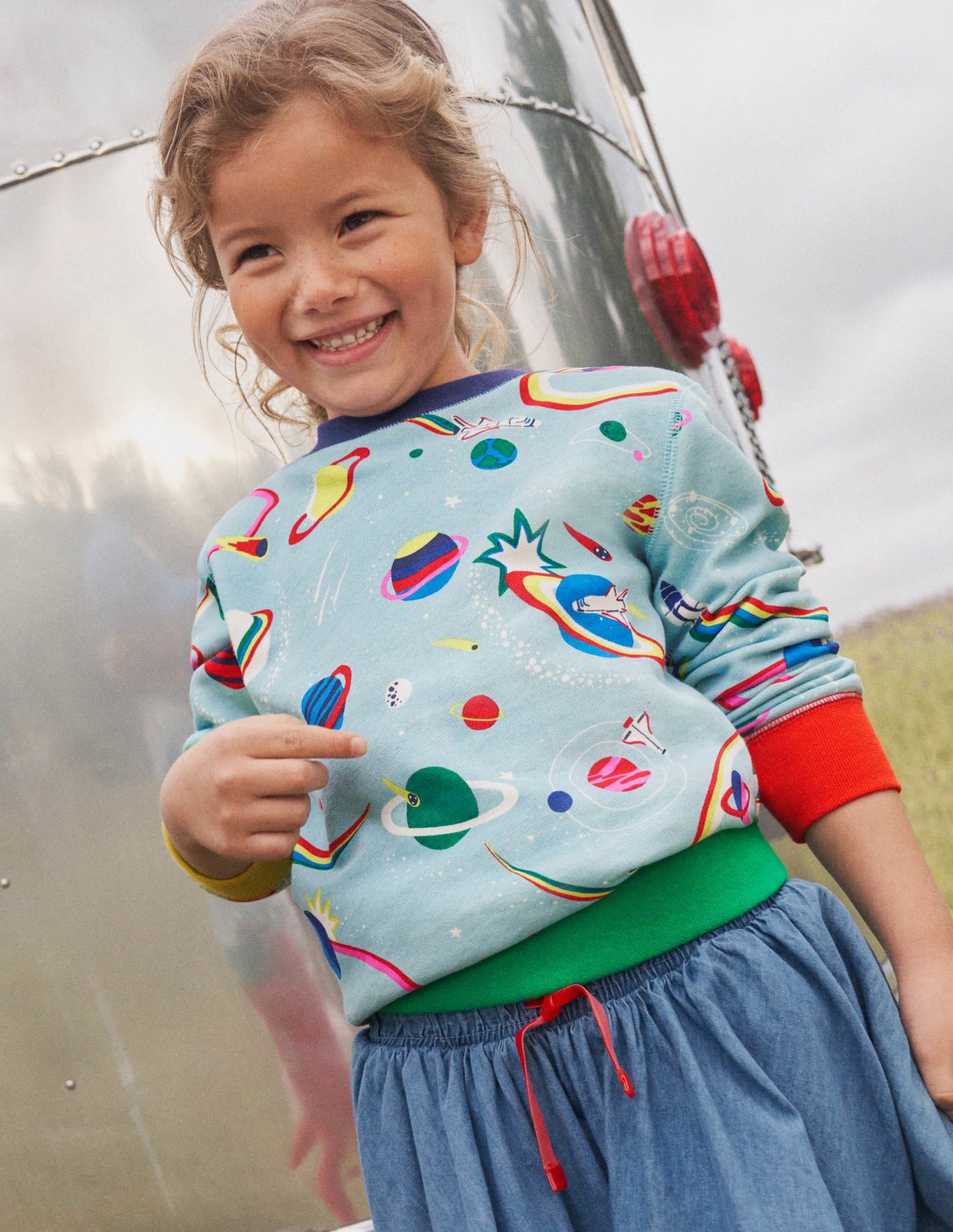 Appliqué Scene Sweatshirt-Mineral Blue Rainbow Space
