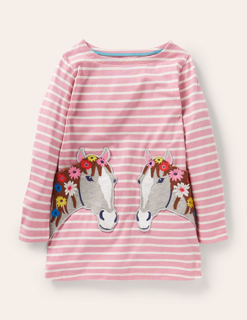 Appliqué Pocket Tunic-Almond Pink/Ivory Horse