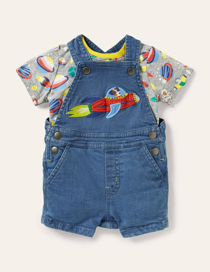Appliqué Overalls Set-Mid Chambray Space