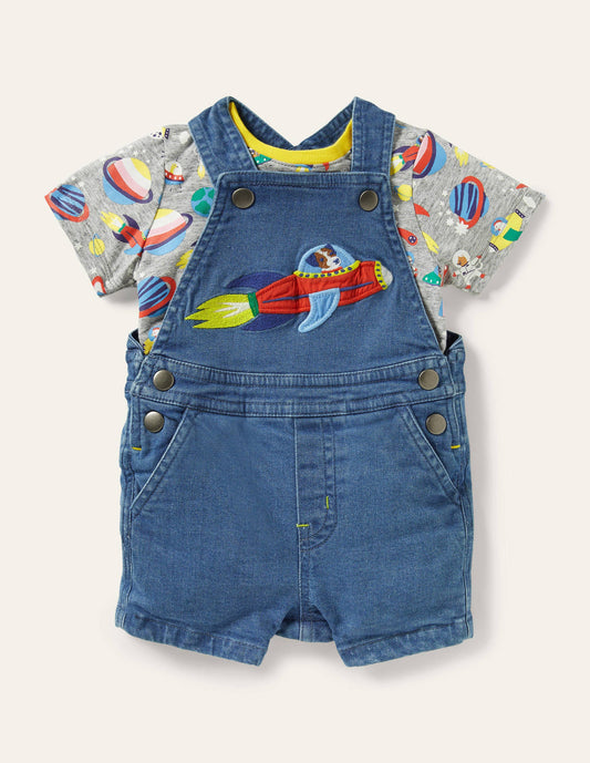 Appliqué Overalls Set-Mid Chambray Space
