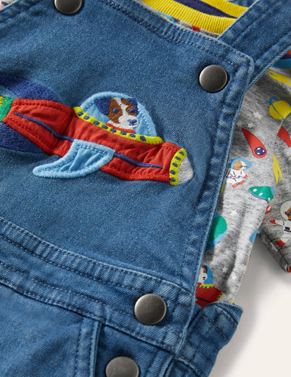 Appliqué Overalls Set-Mid Chambray Space
