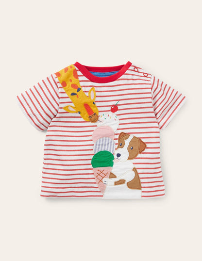 Appliqué Jersey T-shirt-Red/Ivory Animals Ice Cream