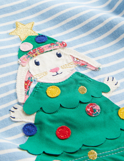 Appliqué Christmas T-shirt-Dusty Blue/Ivory Bunny