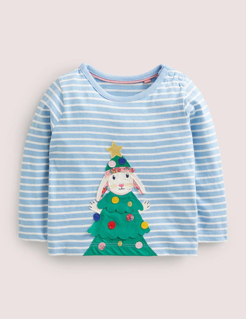 Appliqué Christmas T-shirt-Dusty Blue/Ivory Bunny