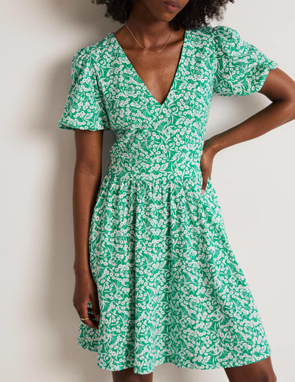 Back Detail Jersey Mini Dress-Emerald, Floret Bud