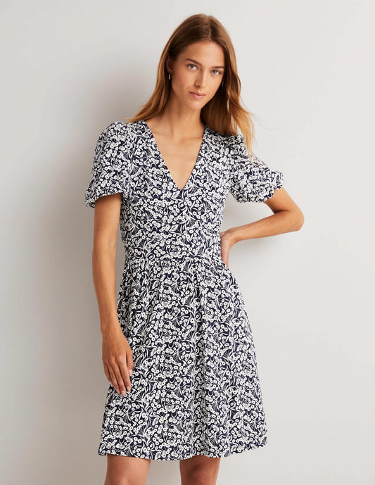 Back Detail Jersey Mini Dress-Navy, Floret Bud