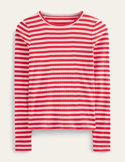 Anna Rib Crew T-Shirt-Peach Skin, Hot Pepper Stripe