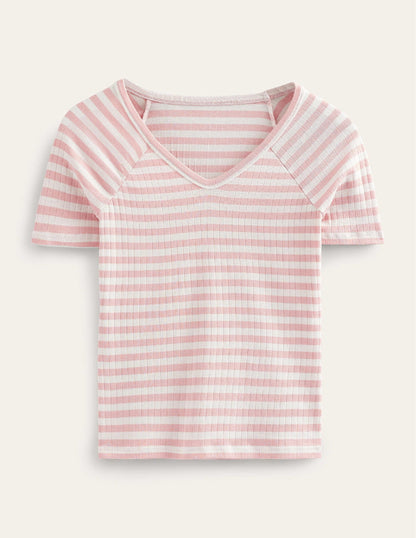 Anna Rib V-Neck T-Shirt-Ivory, Peach Skin Stripe