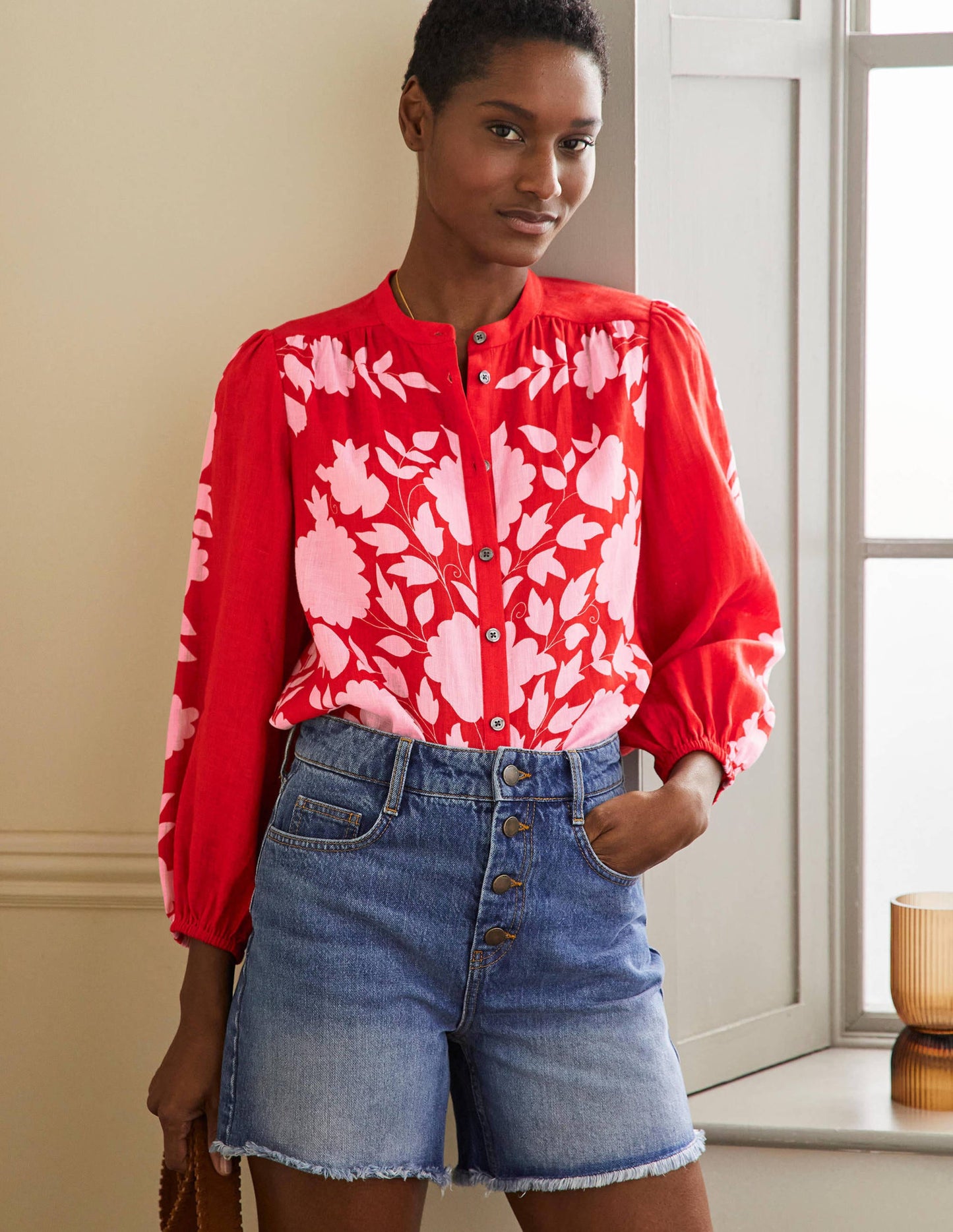 Becky Full Sleeve Linen Blouse-Dragon Red, Wildflower Prairie