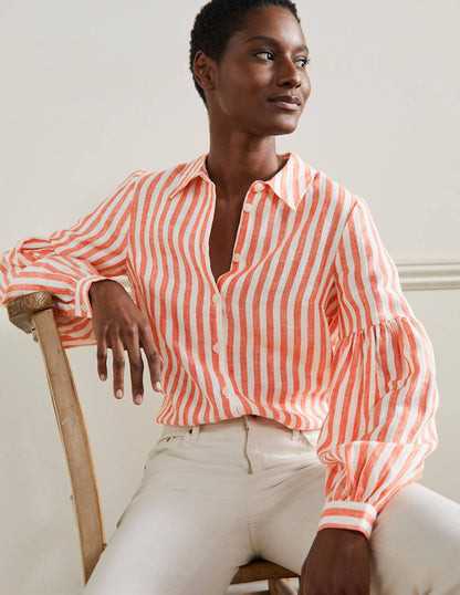 Anna Blouson Linen Shirt-Papaya/Ivory Stripe