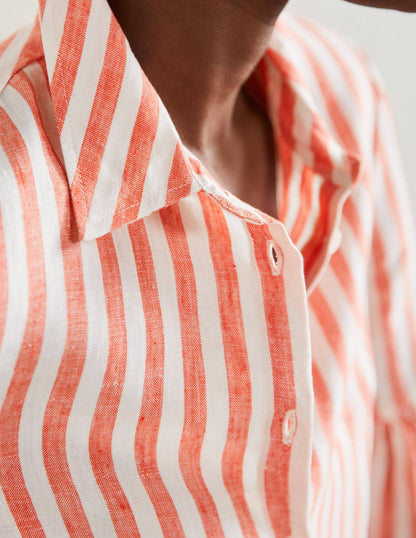 Anna Blouson Linen Shirt-Papaya/Ivory Stripe