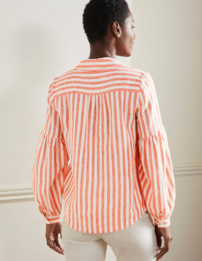 Anna Blouson Linen Shirt-Papaya/Ivory Stripe