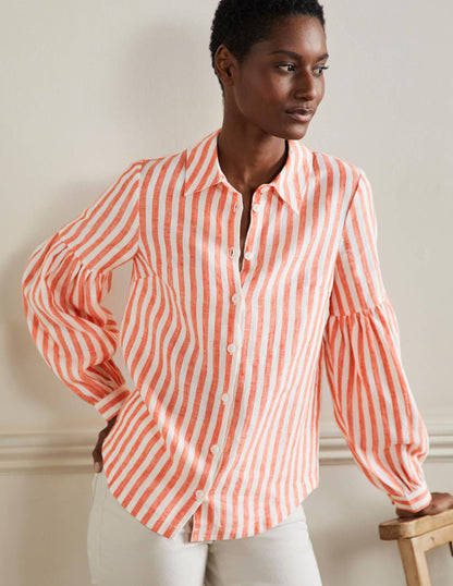 Anna Blouson Linen Shirt-Papaya/Ivory Stripe