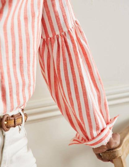 Anna Blouson Linen Shirt-Papaya/Ivory Stripe