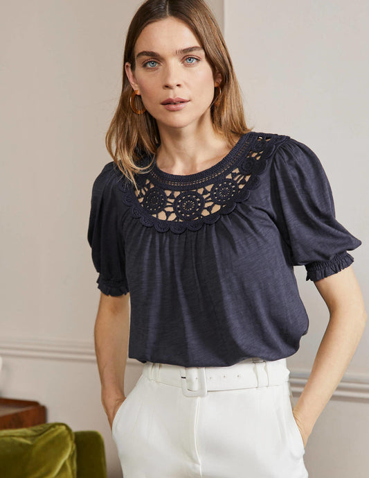 Anais Crochet Puff Sleeve Top-Navy