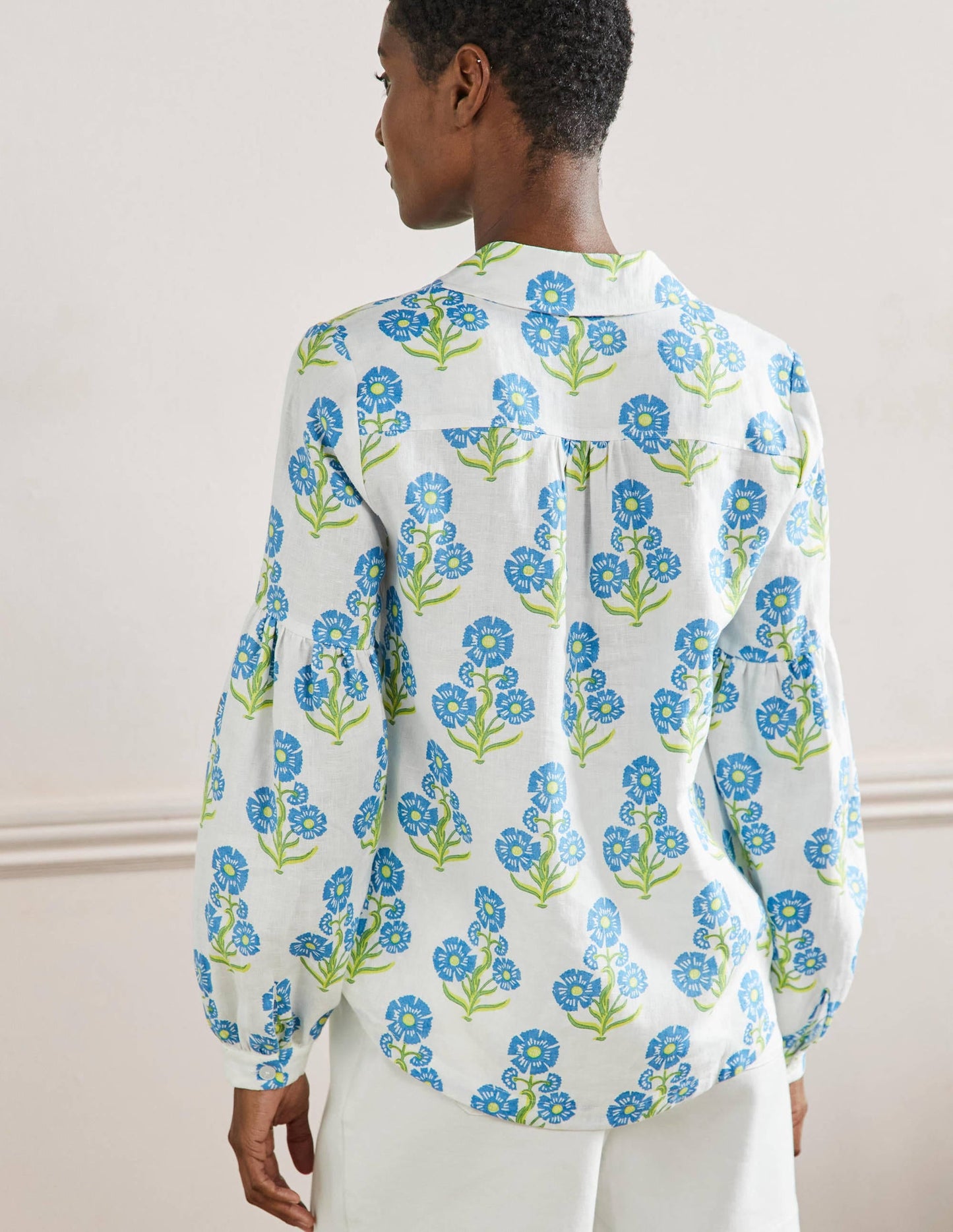 Anna Blouson Linen Shirt-Molly Mahon Flower Woodblock