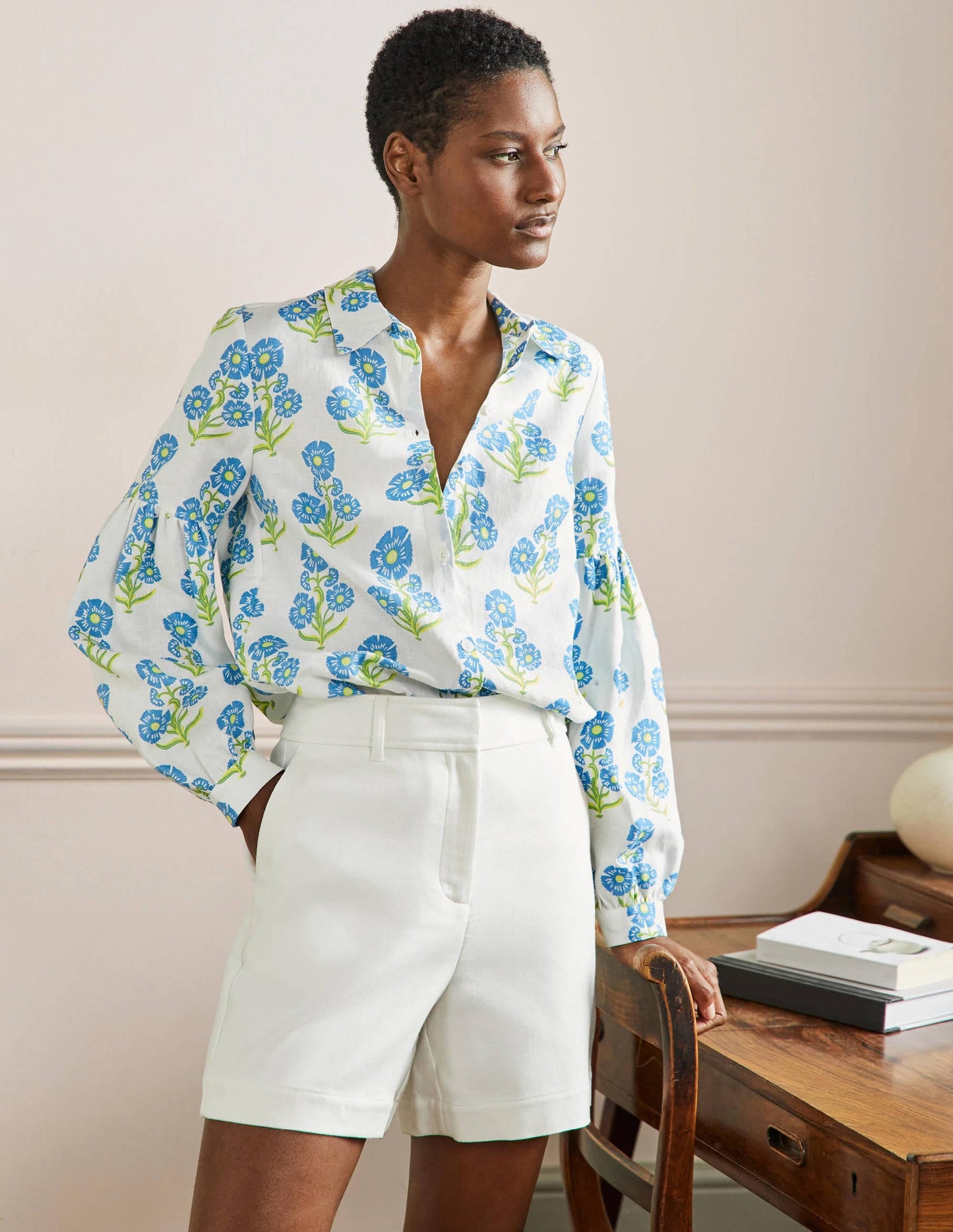 Anna Blouson Linen Shirt-Molly Mahon Flower Woodblock