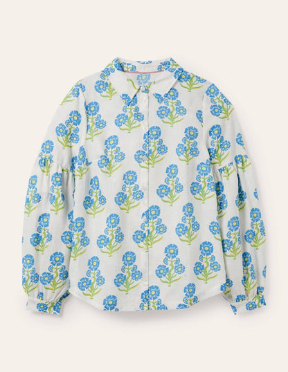 Anna Blouson Linen Shirt-Molly Mahon Flower Woodblock