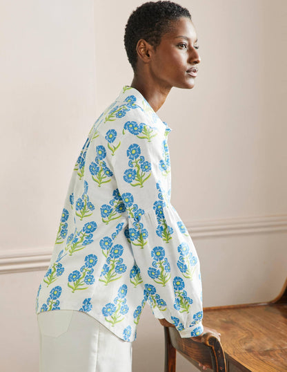 Anna Blouson Linen Shirt-Molly Mahon Flower Woodblock