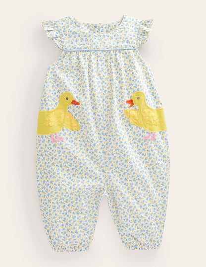 Applique Ruffle Romper-Pale Blue Tiny Rose Chicks