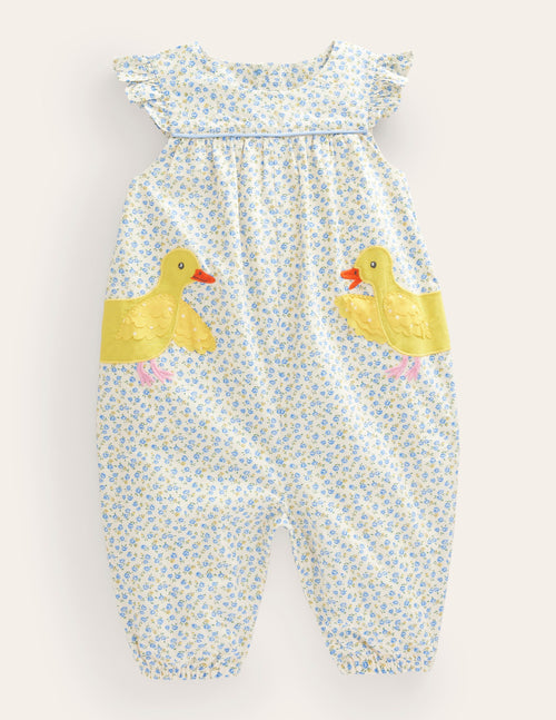 Applique Ruffle Romper-Pale Blue Tiny Rose Chicks