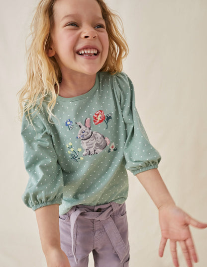Appliqué Sleeve Detail Top-Green Smoke