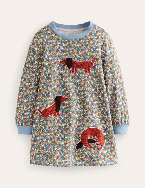 Appliqué Sweatshirt Dress-Pebble Blue Flower Dog