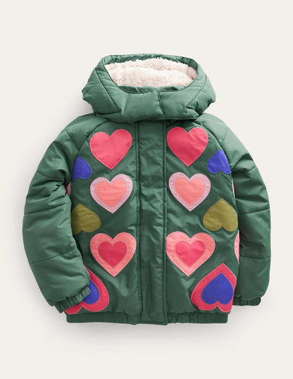 Appliqué Padded Coat-Monster Green Hearts