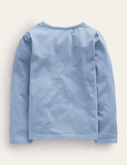Appliqué Puff-Sleeve Top-Pebble Blue Ballerina