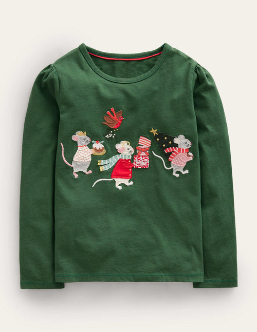 Appliqué Puff-Sleeve Top-Amazon Green Festive Mice