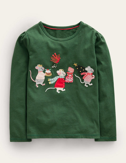 Appliqué Puff-Sleeve Top-Amazon Green Festive Mice