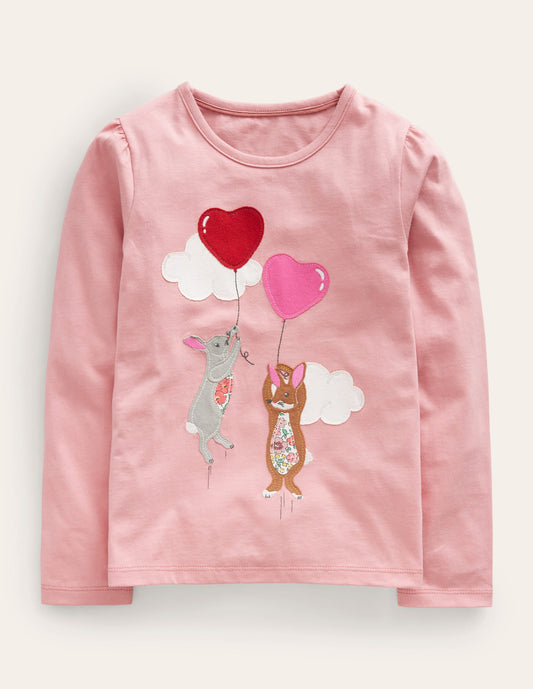 Appliqué Puff-Sleeve Top-Blush Pink Bunny